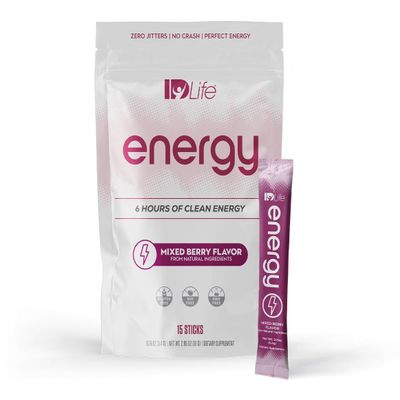 IDLife Energy - Mixed Berry - Sustained Power Boost with Powder, Healthy Drink for Work, Gym & Daily Use, 6 Hours of Boost - 15 Sticks per Bag