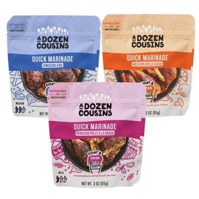 A Dozen Cousins Quick Chicken Marinade Variety Pack (6 Pouches) Mexican Pollo Asado, Peruvian Pollo a la Brasa & Jamaican Jerk Seasoning Sauce, Instant Coat & Cook Seasoning Sauces (3oz Packets)