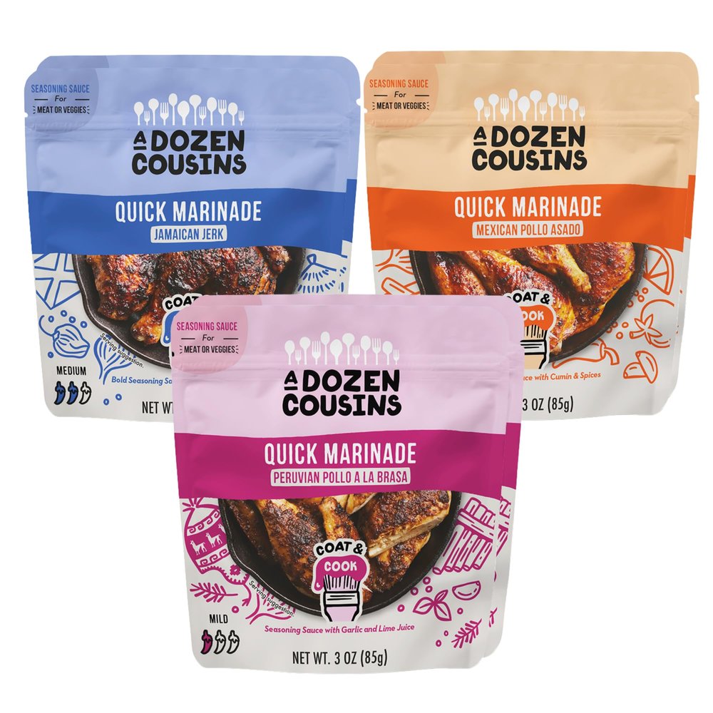 A Dozen Cousins Quick Chicken Marinade Variety Pack (6 Pouches) Mexican Pollo Asado, Peruvian Pollo a la Brasa & Jamaican Jerk Seasoning Sauce, Instant Coat & Cook Seasoning Sauces (3oz Packets)