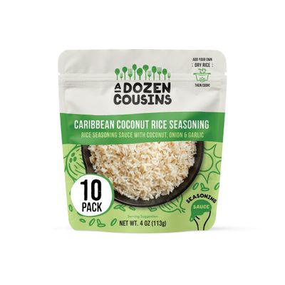A Dozen Cousins Caribbean Coconut Rice Seasoning Sauce (10 Pack), Pour & Mix Coconut Rice Starter, Coconut Paste, Dried Coconut, Garlic, Spices, Gluten Free, Vegan, Clean Ingredients, Easy Meal, 4oz Each