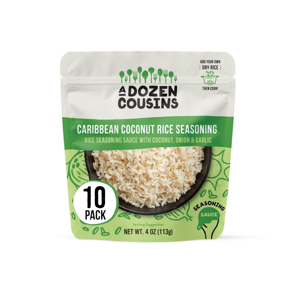 A Dozen Cousins Caribbean Coconut Rice Seasoning Sauce (10 Pack), Pour & Mix Coconut Rice Starter, Coconut Paste, Dried Coconut, Garlic, Spices, Gluten Free, Vegan, Clean Ingredients, Easy Meal, 4oz Each