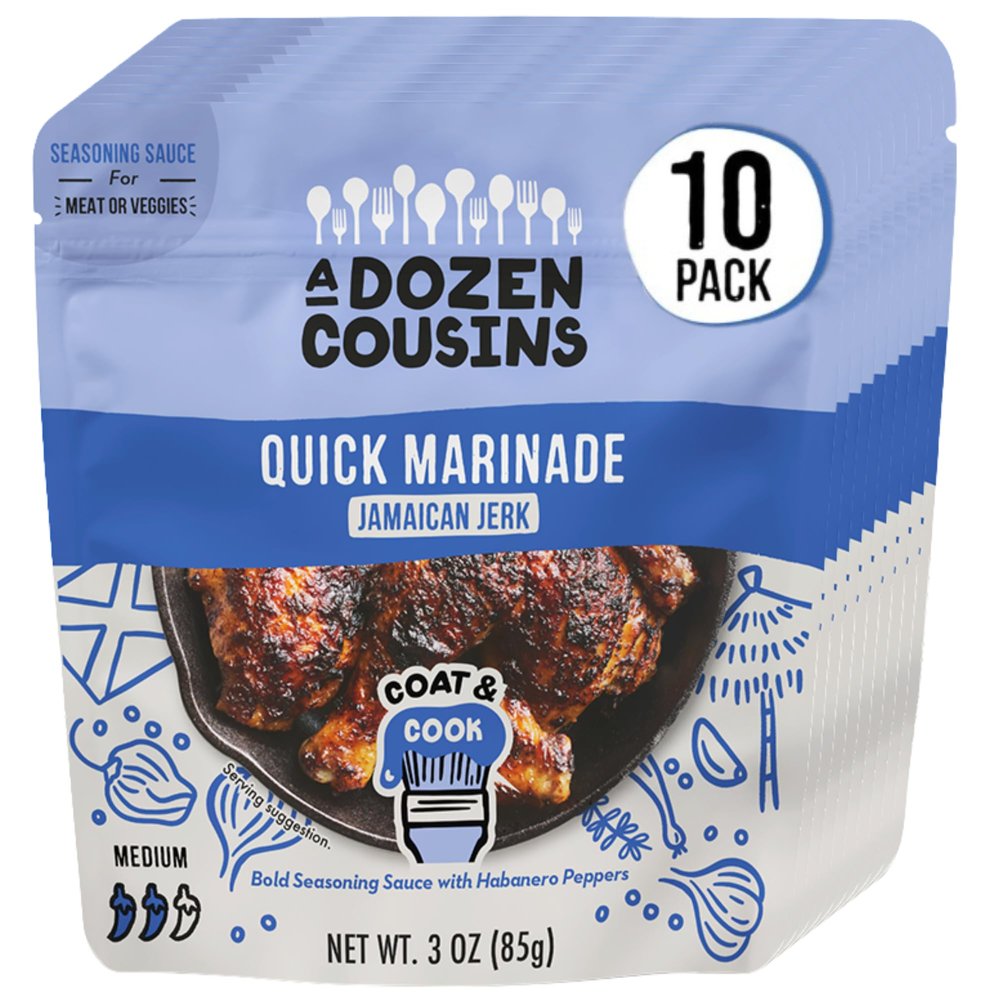 A Dozen Cousins Jamaican Jerk Seasoning Sauce (10-Pack) Quick Chicken Marinade Pouch, Caribbean Jerk Marinade with Hot Peppers, Onion, and Garlic, Instant Meal Coat & Cook (3 oz Packets)