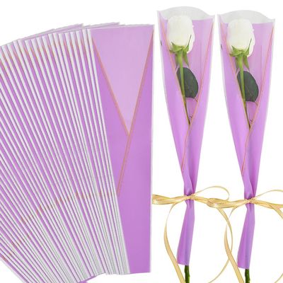 BEISHIDA 100 PCS Single Rose Sleeve Plastic Single Flower Wrapping Rose Packaging Cellophane Flower Sleeves for Florist Bouquet Supplies Mother's Day Valentine's Day (Purple and Gold Letter)
