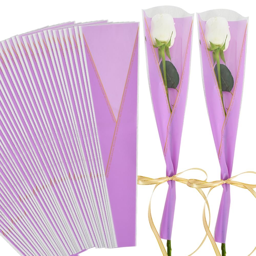 BEISHIDA 100 PCS Single Rose Sleeve Plastic Single Flower Wrapping Rose Packaging Cellophane Flower Sleeves for Florist Bouquet Supplies Mother's Day Valentine's Day (Purple and Gold Letter)