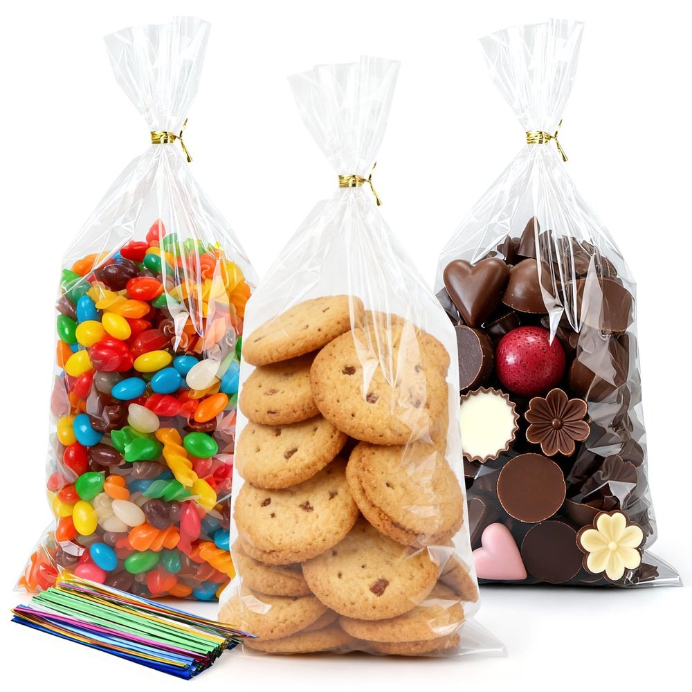 acDesign 100Pcs Clear Bags for Favors 6"x12" Treat Bags With Ties for Bakery Wedding Gift Food Storage