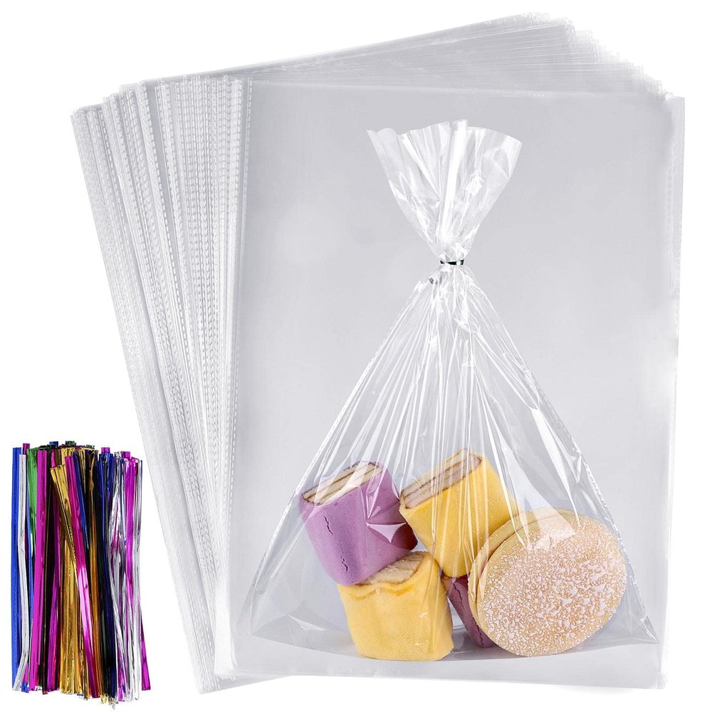 acDesign 100Pcs Cellophane Bags 12"x16" Clear Plastic Bags with 100Pcs Twist Ties for Gifts, Party Favors Packaging(30.5cm x 40.6cm)