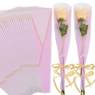 BEISHIDA 100 PCS Single Rose Sleeve Plastic Single Flower Wrapping Rose Packaging Cellophane Flower Sleeves for Florist Bouquet Supplies Mother's Day Valentine's Day (Pink and Gold Letter)