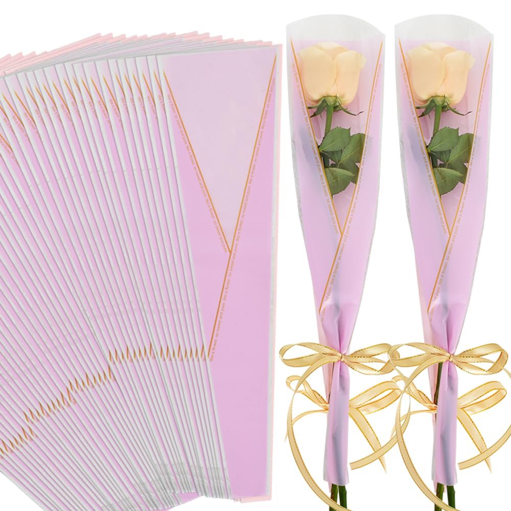BEISHIDA 100 PCS Single Rose Sleeve Plastic Single Flower Wrapping Rose Packaging Cellophane Flower Sleeves for Florist Bouquet Supplies Mother's Day Valentine's Day (Pink and Gold Letter)