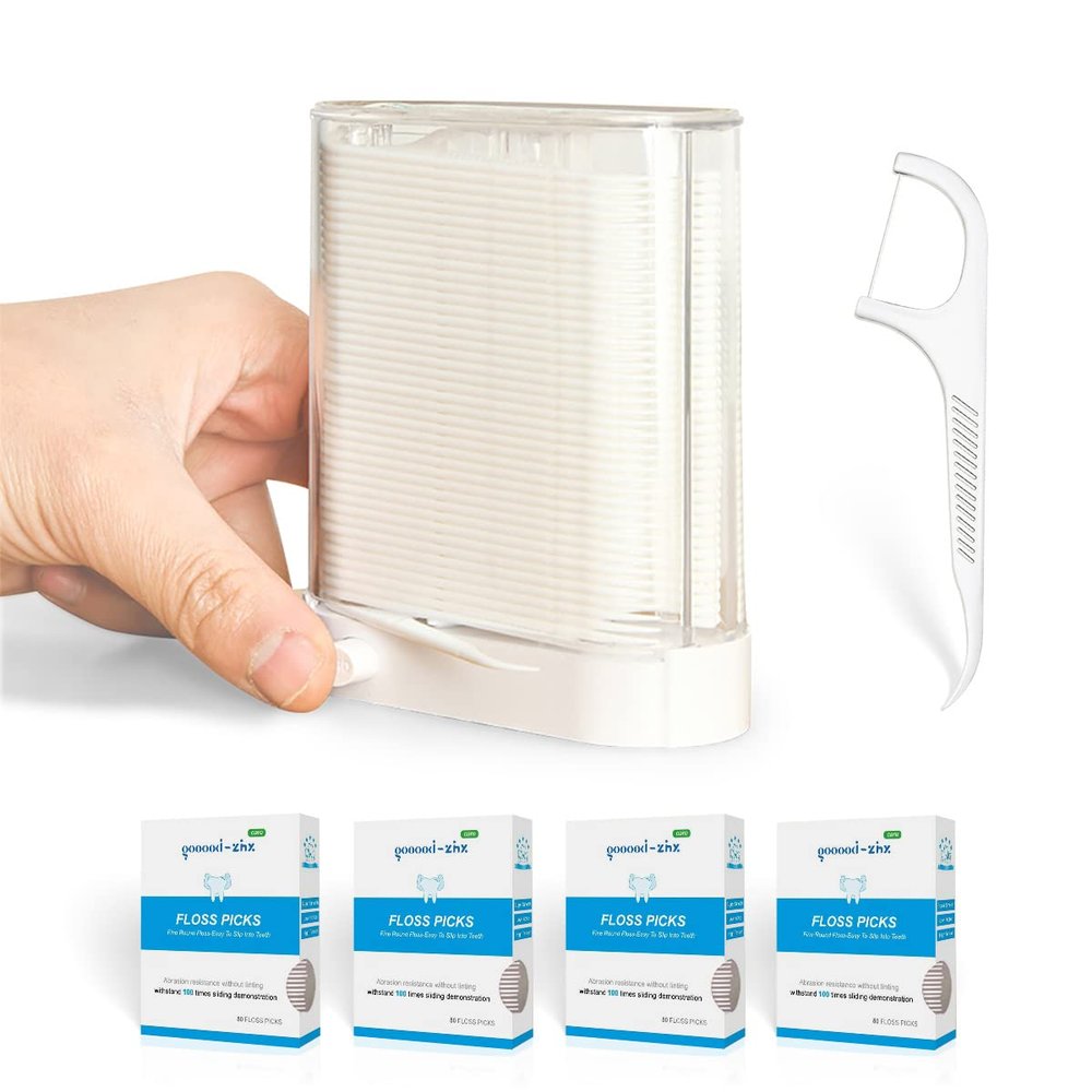 Automatic Pop Up Floss Sticks Holder and 4 Box 0.002in Soft Fine Floss, A Good Waterproof Storage Box for Floss Picks, Flossers for Adults Dispenser for Dining Table, Bathroom and Office