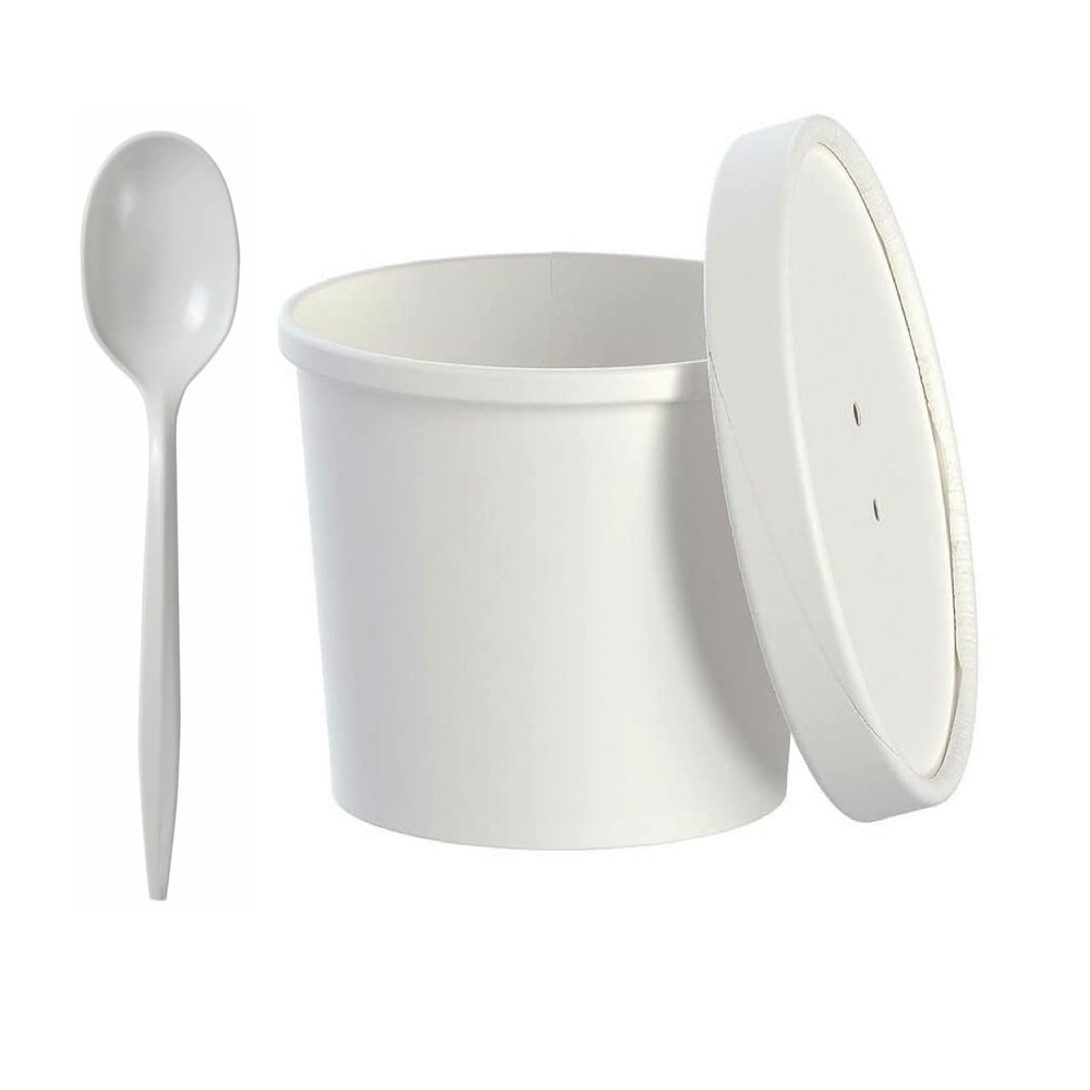 AMZ Empire 12 Oz Disposable Paper Cups with Lids and Spoons/50 Sets/Combo Pack For Soup Dessert Granola Ice Cream Yogurt/12 Ounce Paper Bowls for Hot or Cold Food/Home, Everyday Use, Catering