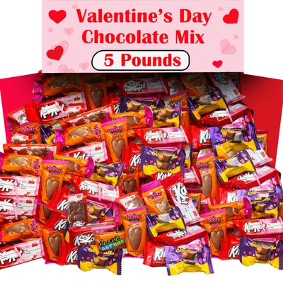 Valentine's Day Chocolate Candy, 5 Lb Mix, Individually Wrapped Mothers Day Candy, Heart Adorned Addressable Mini Milk Chocolate Bars, Peanut Butter Hearts, Wafer, Kisses, Red, Pink Candy