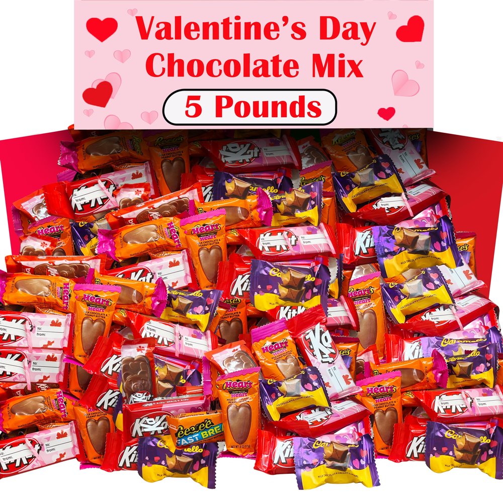 Valentine's Day Chocolate Candy, 5 Lb Mix, Individually Wrapped Mothers Day Candy, Heart Adorned Addressable Mini Milk Chocolate Bars, Peanut Butter Hearts, Wafer, Kisses, Red, Pink Candy