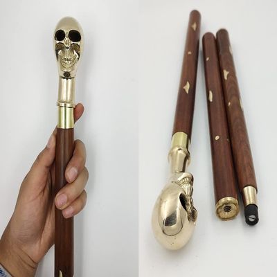Brass Skull Head Handle Wood Walking Stick Cane Nautical Style 3 Part Easily Open Vintage