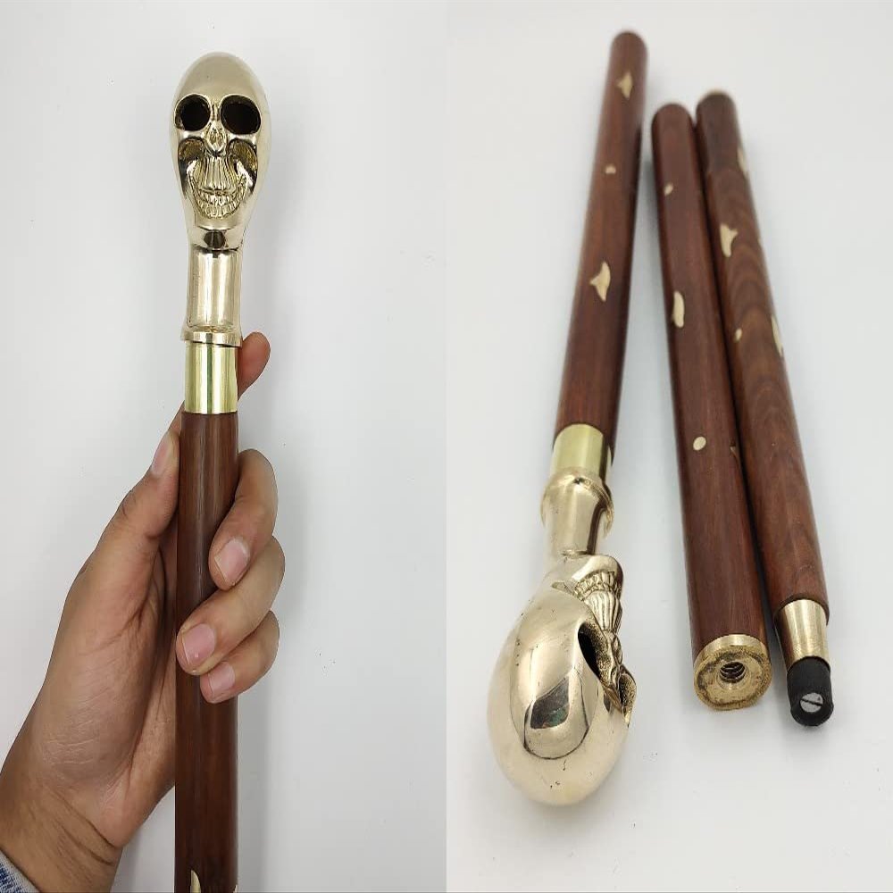 Brass Skull Head Handle Wood Walking Stick Cane Nautical Style 3 Part Easily Open Vintage