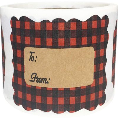 Red Buffalo Plaid Kraft Adhesive Gift Tags for Holiday and Christmas Wrapping 2 x 3 Inch Labels, Roll of 25 Rustic Farmhouse-Style Christmas Gift Tag Stickers, Made in USA