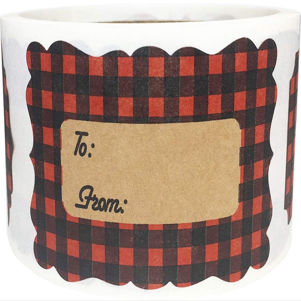 Red Buffalo Plaid Kraft Adhesive Gift Tags for Holiday and Christmas Wrapping 2 x 3 Inch Labels, Roll of 25 Rustic Farmhouse-Style Christmas Gift Tag Stickers, Made in USA