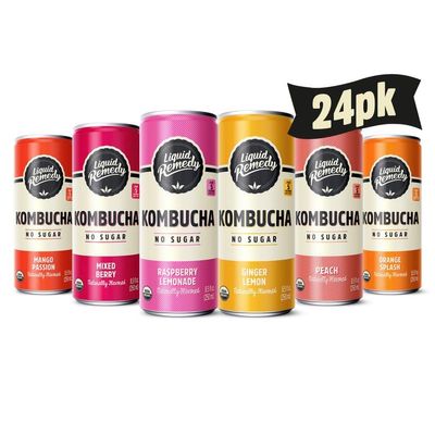 Liquid Remedy Kombucha Sugar Free Organic Drink, Low Calorie, Probiotic Like Tea for Gut Health - Super Sampler Variety Pack - 8.5 Fl Oz Can, 24-Pack