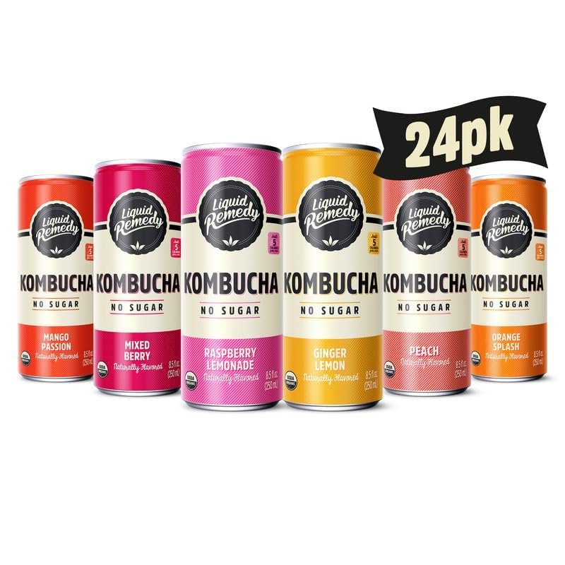 Liquid Remedy Kombucha Sugar Free Organic Drink, Low Calorie, Probiotic Like Tea for Gut Health - Super Sampler Variety Pack - 8.5 Fl Oz Can, 24-Pack