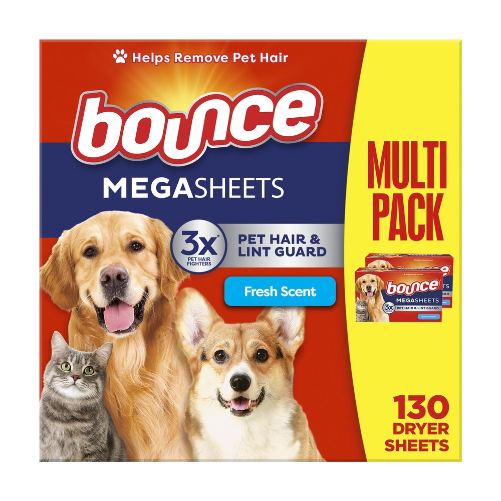 Bounce Pet Hair and Lint Guard Mega Dryer Sheets with 3X Pet Hair Fighters, Fresh Scent, 130 Count