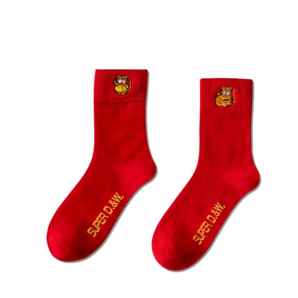 Chinese New Year Man's Red Socks, Spring Festival Lucky Socks, Chinese New Year Fun Embroidered Cotton Socks, 2 Pairs (Color : Red-1, Size : 39-44)