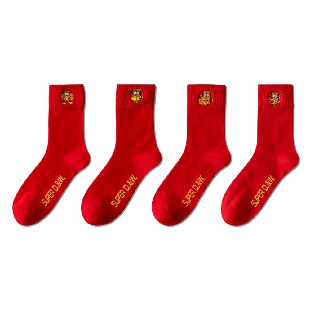 Chinese New Year Man's Red Socks, Embroidered Autumn Winter Warm Sports Socks, 2022 Spring Festival Good Luck Socks, 4 Pairs (Color : Red-2, Size : 39-44)