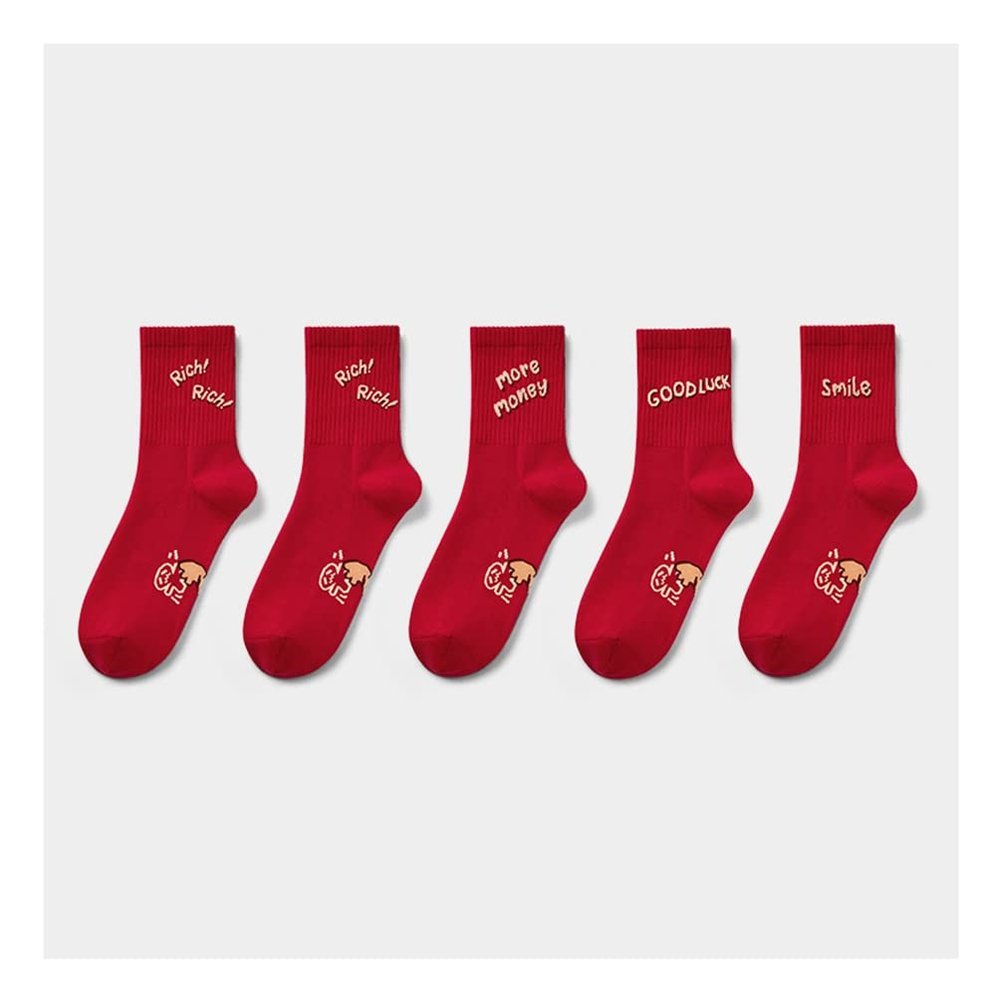 Chinese New Year Red Socks, Autumn and Winter Fashion Embroidery Cotton Socks Sports Socks, 5 Pairs (Color : Red-3, Size : 35-42)