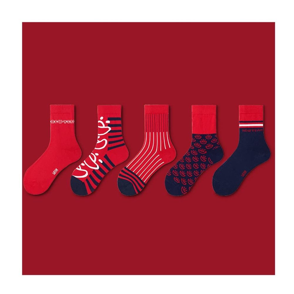 Chinese New Year Red Socks, Autumn and Winter Fashion Men's and Women's Cotton Socks Sports Socks, 5 Pairs (Color : Red-3, Size : 36-44)