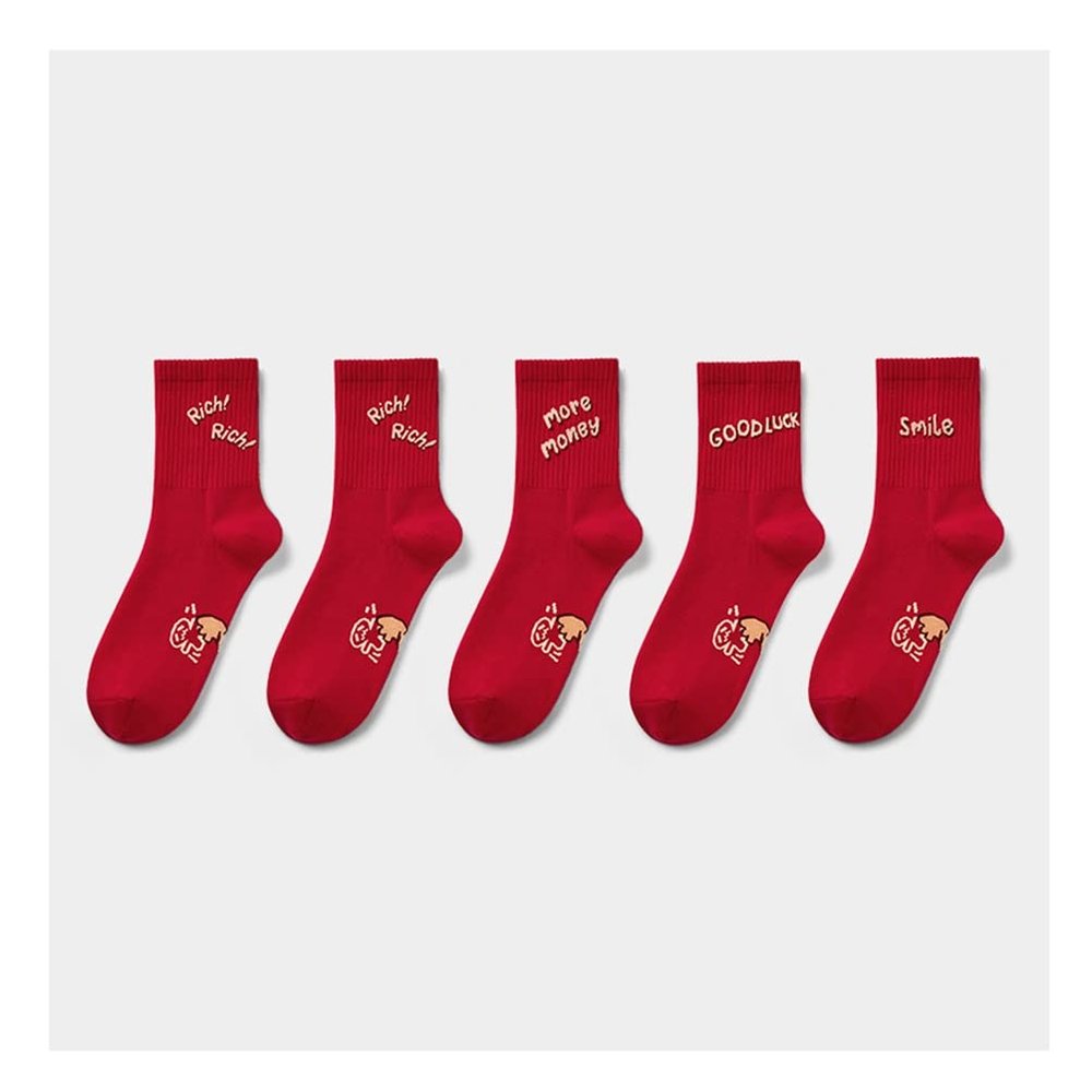 Chinese New Year Red Socks, Autumn and Winter Fashion Embroidery Cotton Socks Sports Socks, 5 Pairs (Color : Red-4, Size : 35-42)