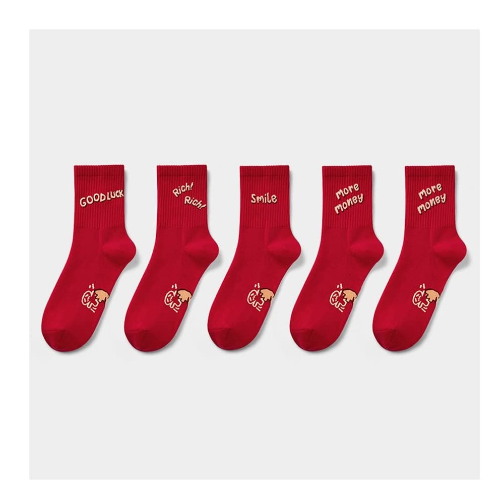Chinese New Year Red Socks, Autumn and Winter Fashion Embroidery Cotton Socks Sports Socks, 5 Pairs (Color : Red-2, Size : 35-42)