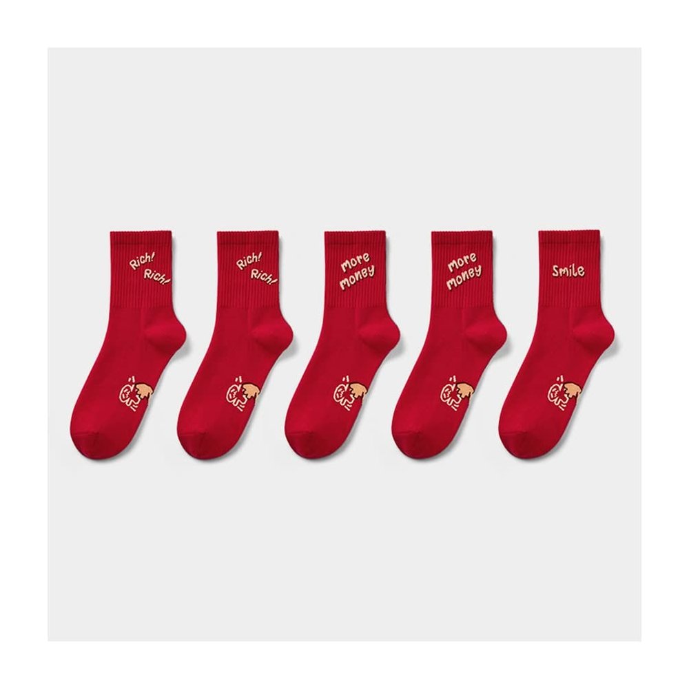 Chinese New Year Red Socks, Autumn and Winter Fashion Embroidery Cotton Socks Sports Socks, 5 Pairs (Color : Red-1, Size : 35-42)