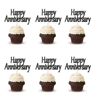 Arthsdite 24pcs Happy Anniversary Cupcake Toppers Black Glitter Anniversary Cupcake Picks Baby Shower Birthday Wedding Anniversary Party Cake Decorations Supplies