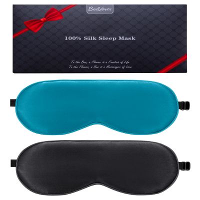 BeeVines 100% Real Mulberry Silk 2 Pack Sleep Mask, Pure Silk Eye Masks with Adjustable Strap for Sleeping, 100% Block Light Eye Shade Cover, Reduces Puffy Eyes Traveling Gifts(Black & Peacock Blue)