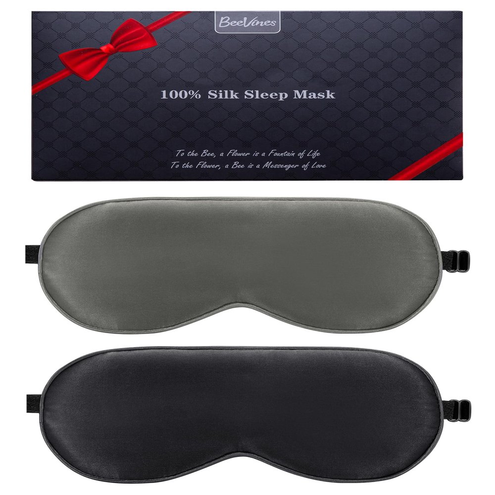 BeeVines 100% Real Mulberry Silk 2 Pack Sleep Mask, Pure Silk Eye Masks with Adjustable Strap for Sleeping, 100% Block Light Eye Shade Cover, Reduces Puffy Eyes Traveling Gifts(Black & Galaxy Grey)