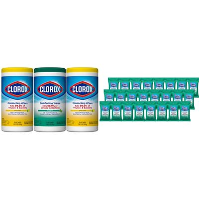 Clorox Disinfecting Wipes Value Pack, 24x 9ct Fresh Scent Travel Pack and 3x 75ct Crisp Lemon and Fresh Scent Wipes