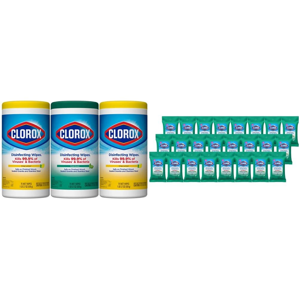 Clorox Disinfecting Wipes Value Pack, 24x 9ct Fresh Scent Travel Pack and 3x 75ct Crisp Lemon and Fresh Scent Wipes