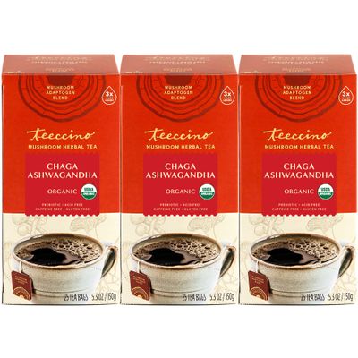 Teeccino Chaga Ashwagandha Herbal Tea - Butterscotch Cream, Organic Mushroom Adaptogenic, Prebiotic, Caffeine Free, Gluten Free - 25 Tea Bags (Pack of 3)