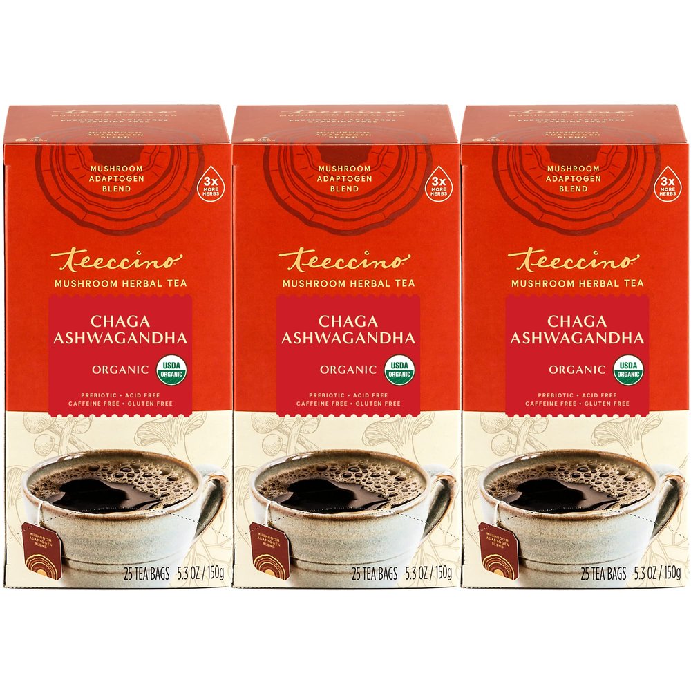 Teeccino Chaga Ashwagandha Herbal Tea - Butterscotch Cream, Organic Mushroom Adaptogenic, Prebiotic, Caffeine Free, Gluten Free - 25 Tea Bags (Pack of 3)