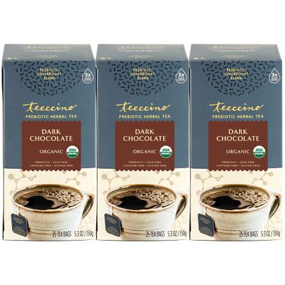 Teeccino Dark Chocolate - Prebiotic SuperBoost Herbal Tea - 25 Tea Bags - Support Your Probiotics with Vegan GOS & Organic XOS For Good Gut Health and Regularity, Digestive Chocolate Tea, (Pack of 3)