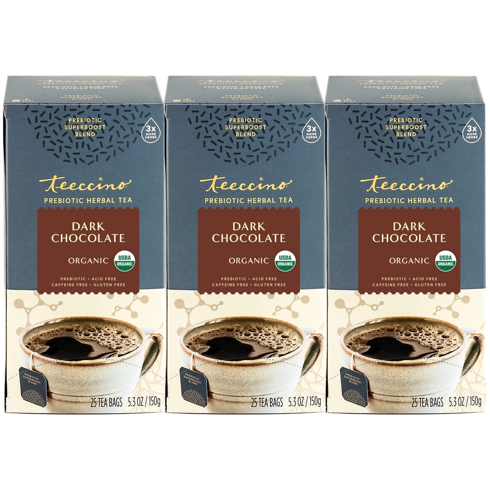 Teeccino Dark Chocolate - Prebiotic SuperBoost Herbal Tea - 25 Tea Bags - Support Your Probiotics with Vegan GOS & Organic XOS For Good Gut Health and Regularity, Digestive Chocolate Tea, (Pack of 3)
