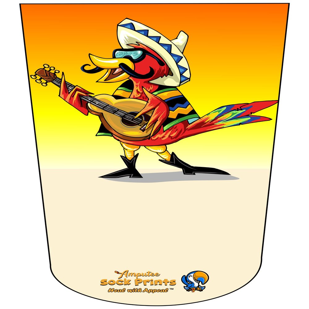 Amputee Sock "Red parrot w guitar V2"