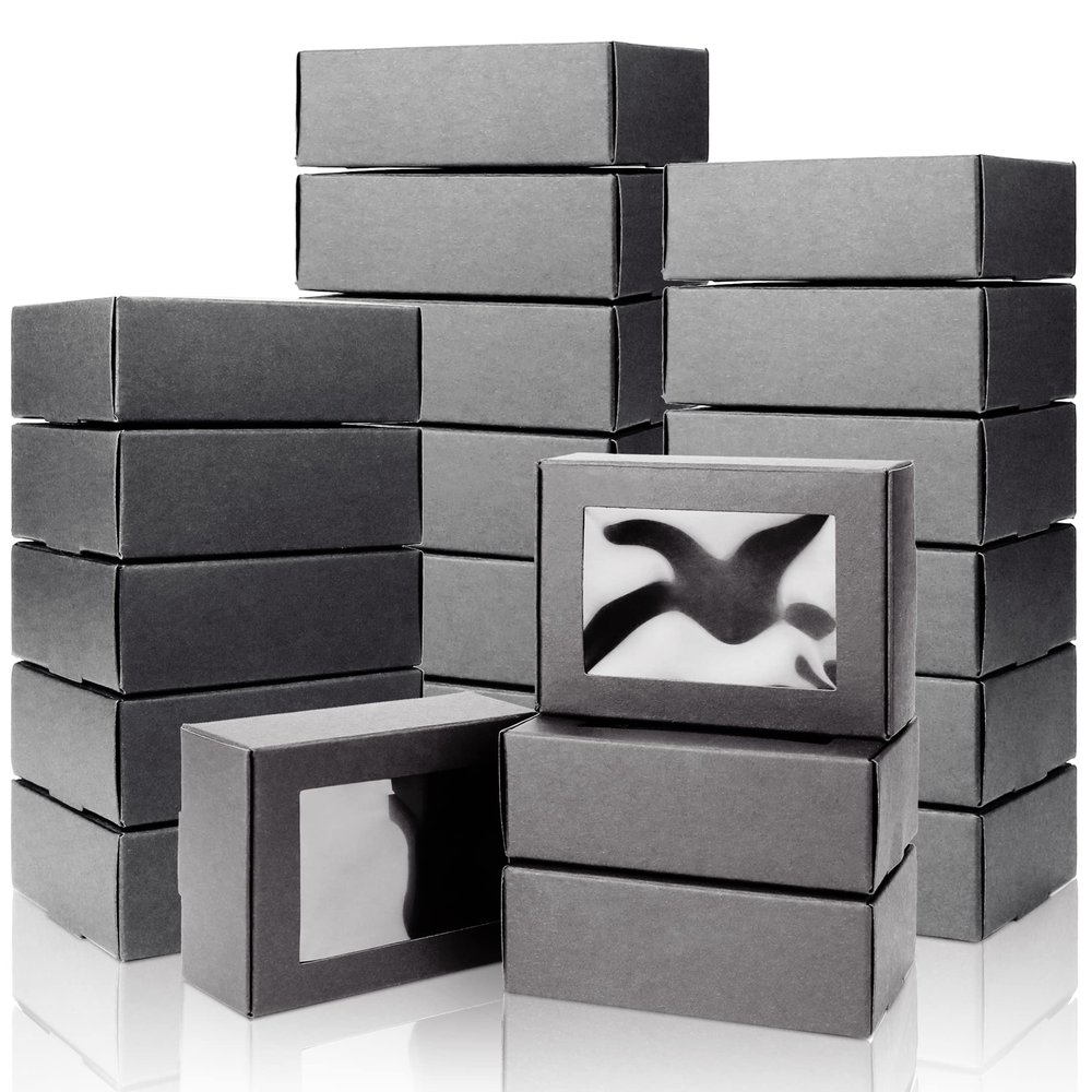 BadenBach 50 Pack Kraft Paper Soap Boxes, 3.3" x 2.4" x 1.2" Small Treat Box with Window, Mini Gift Boxes Bulk for Homemade Soap Packaging, Candy, Bakery Cookies, Party Favors (Black)