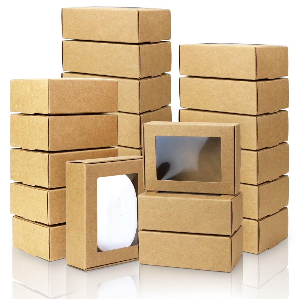 BadenBach 50 Pack Mini Kraft Paper Boxes with Windows,3.33" x 2.35" x 1.18",Small Homemade Soap Box Mini Treat Gift Boxes Bulk for Candy Cookies Party Favors Valentine's Day Supplies(Brown)