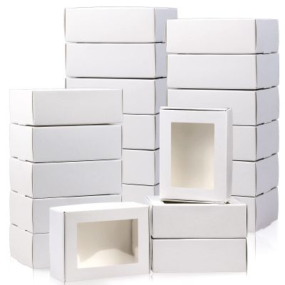 BadenBach 50 Pack Mini Kraft Paper Boxes with Windows,3.33" x 2.35" x 1.18",Small Homemade Soap Box Mini Treat Gift Boxes Bulk for Candy Cookies Party Favors Valentine's Day Supplies(White)