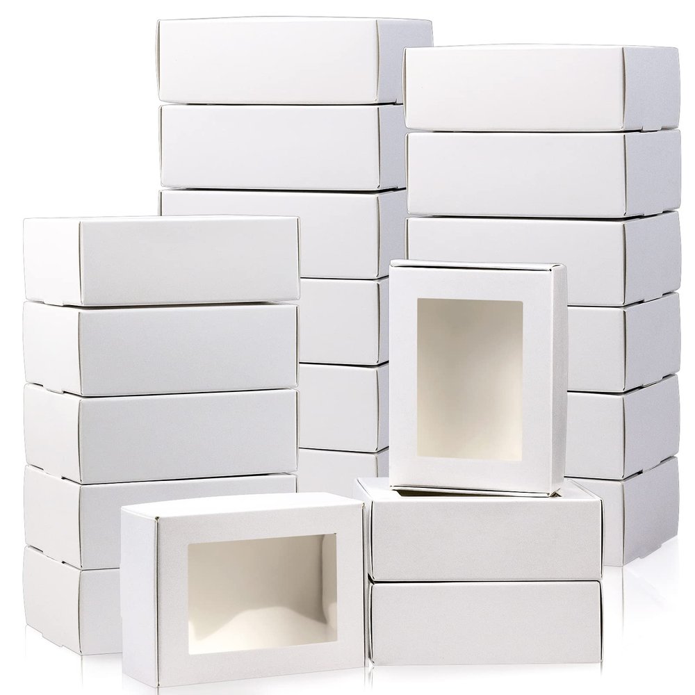 BadenBach 50 Pack Mini Kraft Paper Boxes with Windows,3.33" x 2.35" x 1.18",Small Homemade Soap Box Mini Treat Gift Boxes Bulk for Candy Cookies Party Favors Valentine's Day Supplies(White)