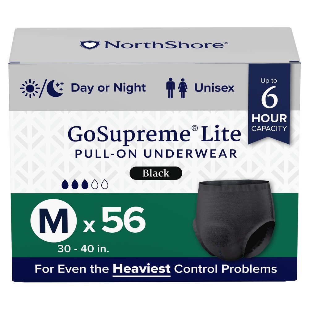 NorthShore GoSupreme Lite Incontinence Underwear, 6-Hour Pullup Style, Medium, 56 Count Case, Black, 30-40 inches, Unisex Adult Diapers