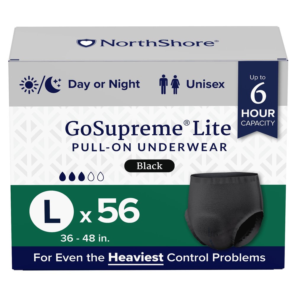 NorthShore GoSupreme Lite Incontinence Underwear, 6-Hour Pullup Style, Large, 56 Count Case, Black, 36-48 inches, Unisex Adult Diapers