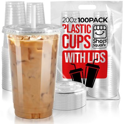 Shop Square 20 oz Plastic Cups with Lids (100 Pack) - Clear Plastic Cups for Iced Coffee, Boba, Milk Tea, Smoothies, and Fruit Shakes - Disposable with Lids for Parties, Cafes, Restaurants