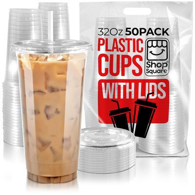 32 oz Plastic Cups with Lids (50 Pack) - Disposable Clear Cups for Iced Coffee, Boba, Milk Tea, Smoothies, and Fruit Shakes for Parties, Cafes, Restaurants