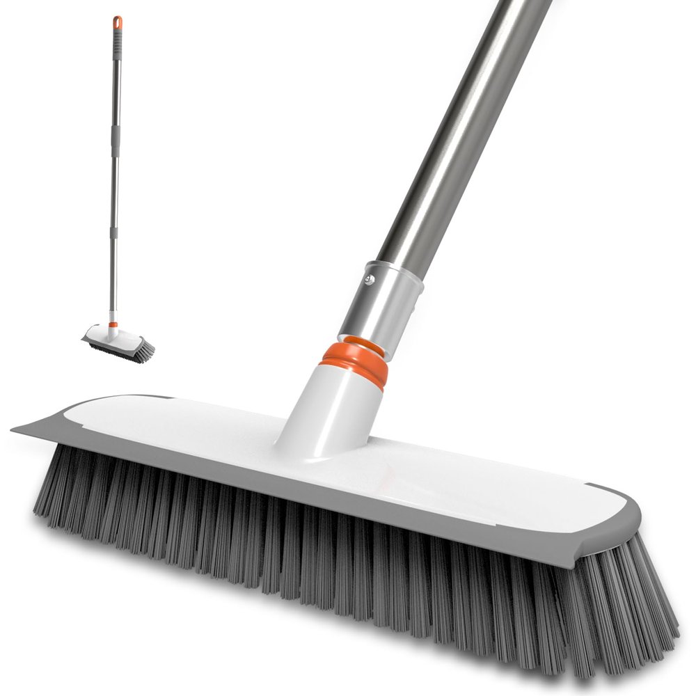 Floor Scrub Brush with Long Handle, Stiff Bristles Deck Brush, BITOPE Multi-Purpose Heavy Duty Hardwood Floor Scrubber, Cleaning Concrete Balcony Patio Garage Outdoor/Indoor