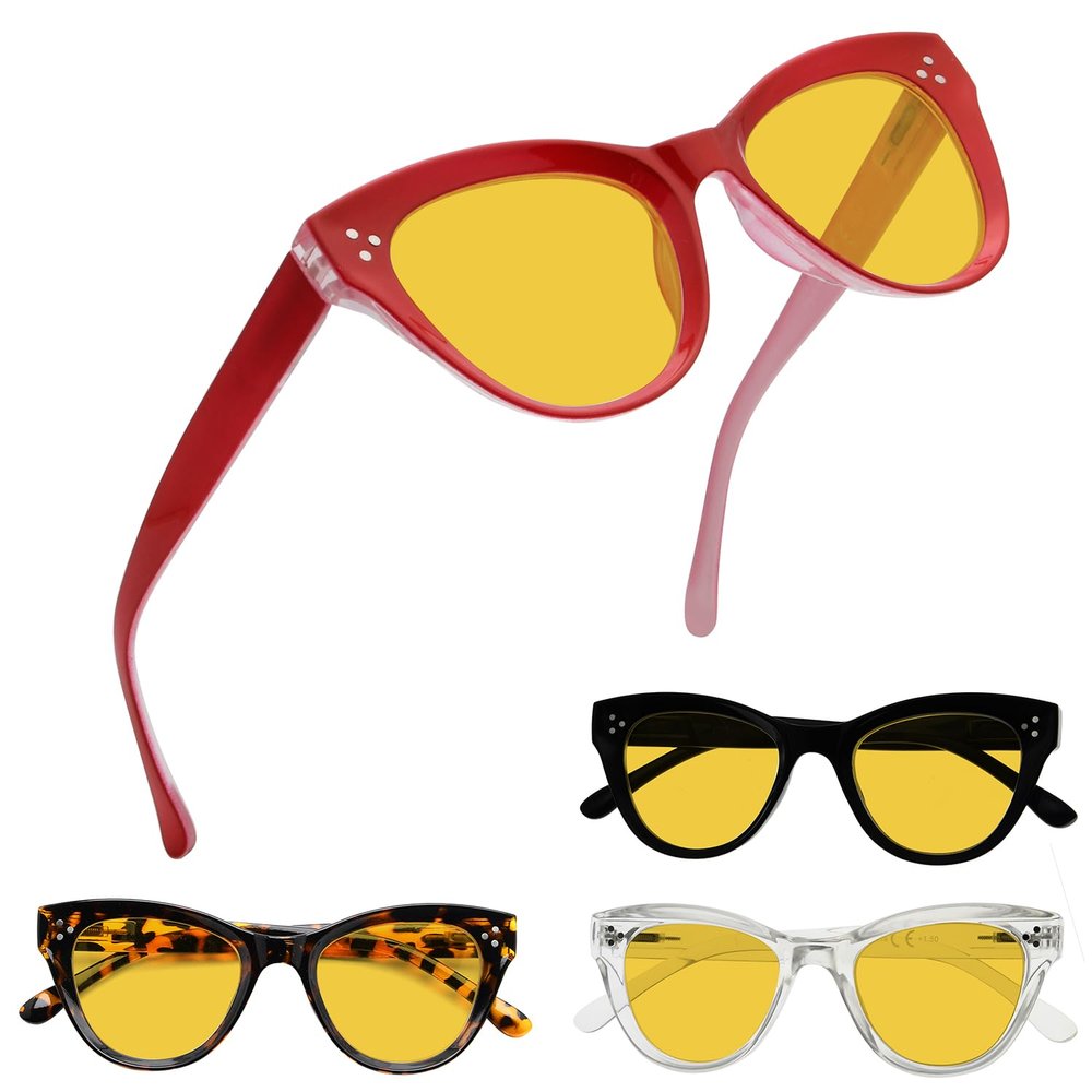 Eyekepper 4 Pack Oversized Blue Light Filter Glasses Women Cat Eye Computer Reading Glasses Amber Tinted +1.00
